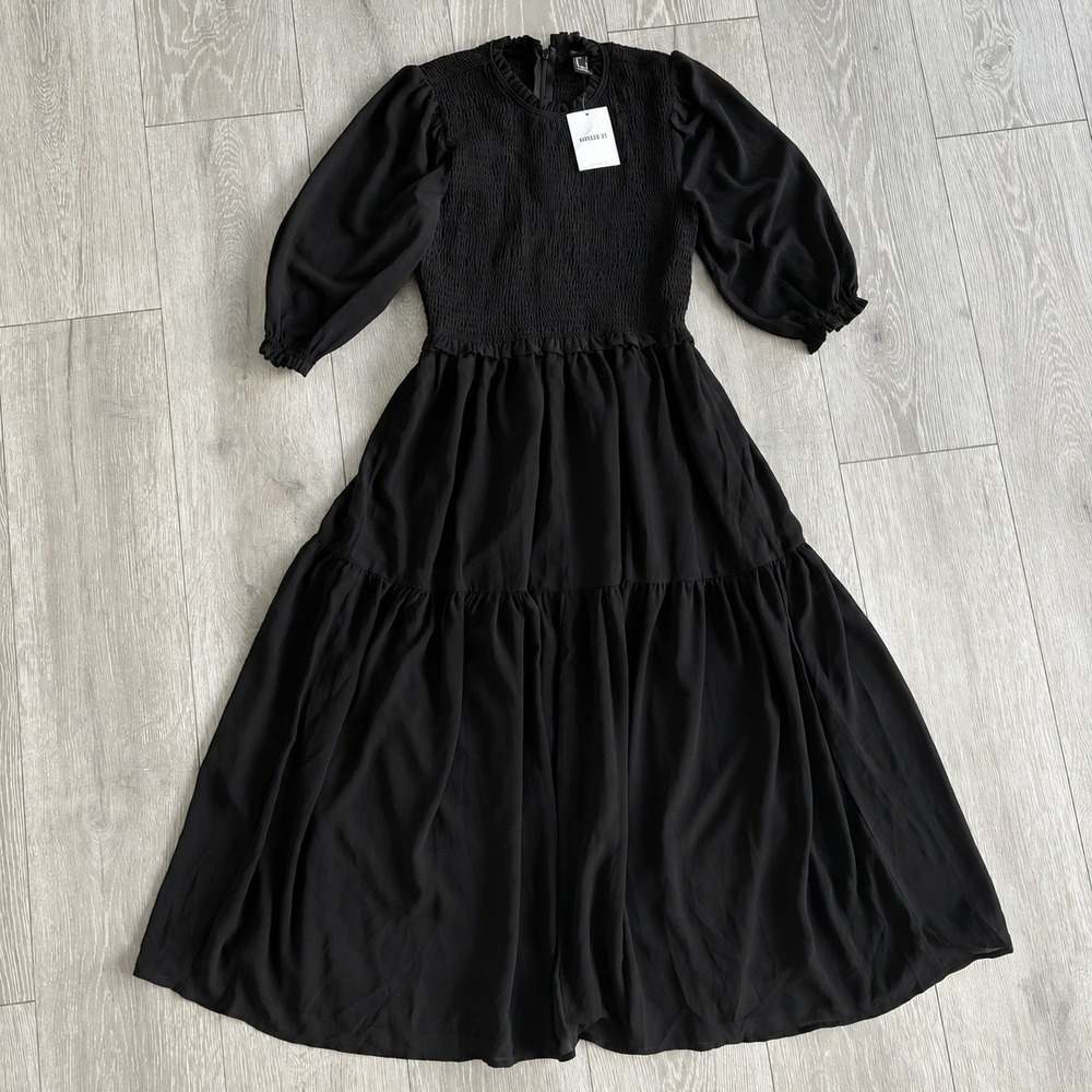 Black Smocked Maxi Dress 3/4 Puff Sleeve Tiered Ruffle Neck Small